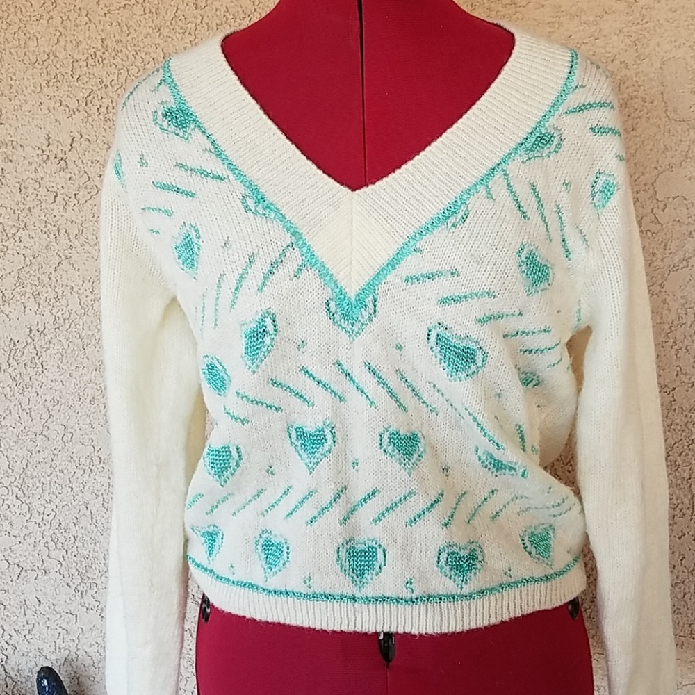 VINTAGE 1980's Valentines Teal Hearts Sweater Pullover